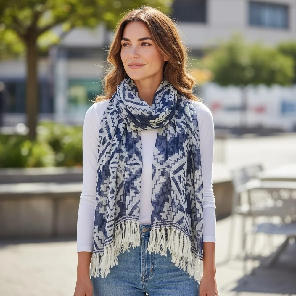 *NWT* Chic Tory Burch Navy and Cream Geometric 100% Silk Oblong Scarf W/Fringe